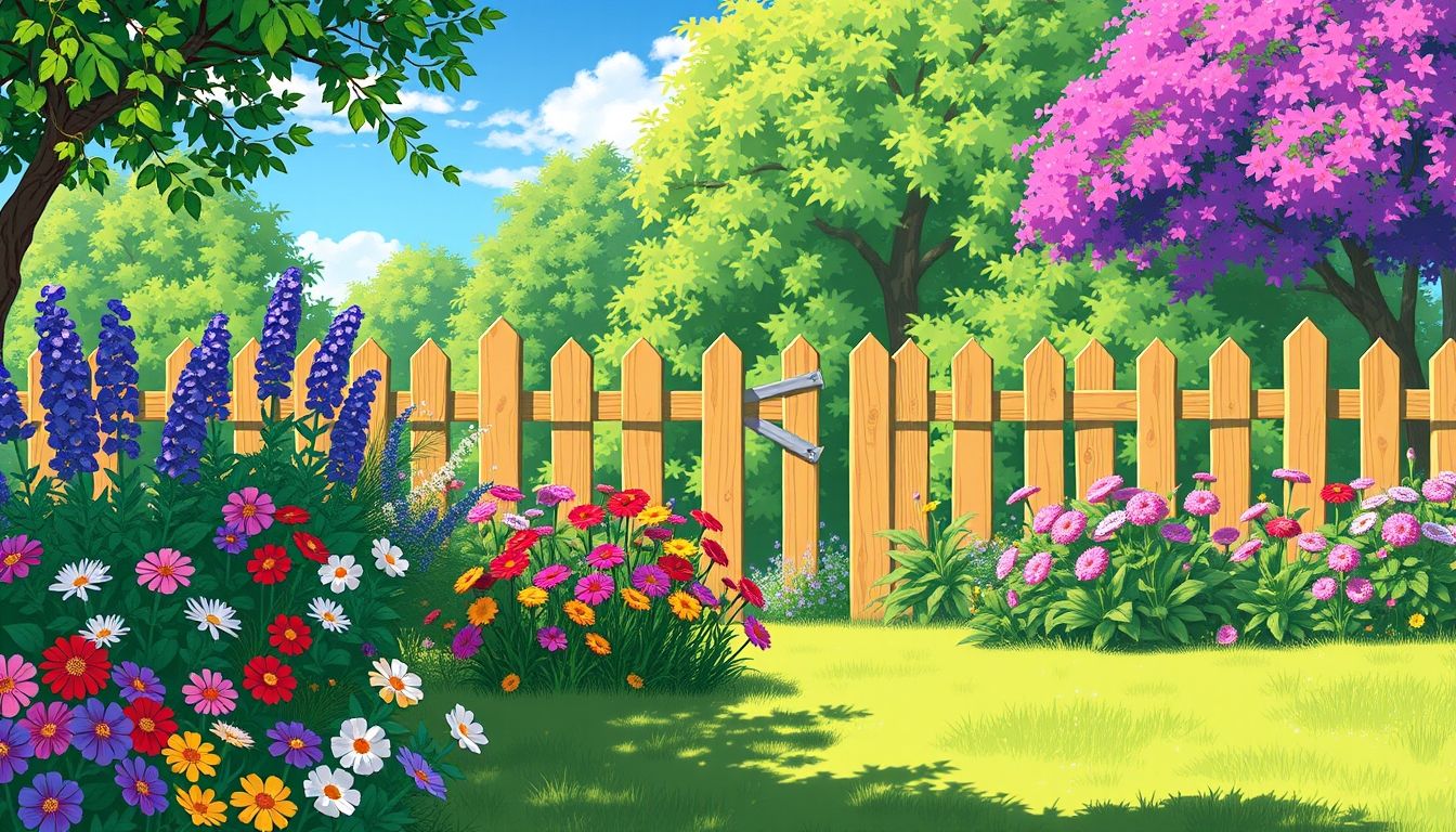 Garden with wooden fencing and colourful flowers