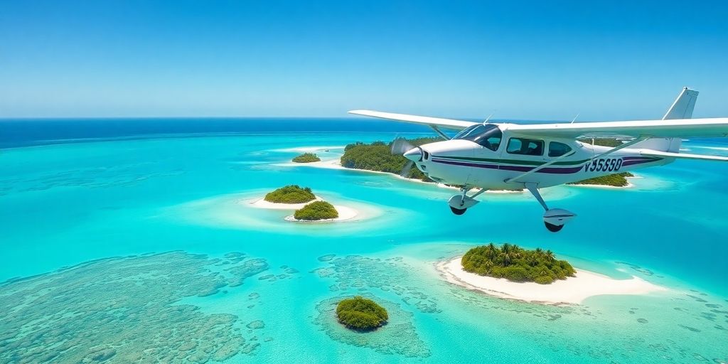 Small plane flying over turquoise ocean, lush islands.