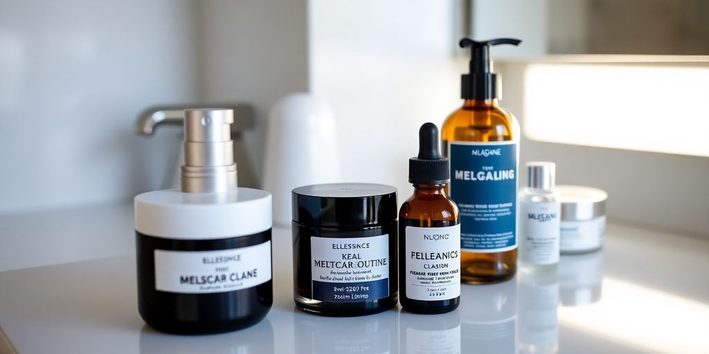 Men's skincare products displayed on a clean countertop.