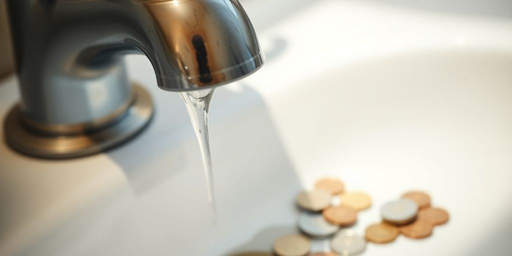 Leaking faucet with coins illustrating spending leaks in budgeting.