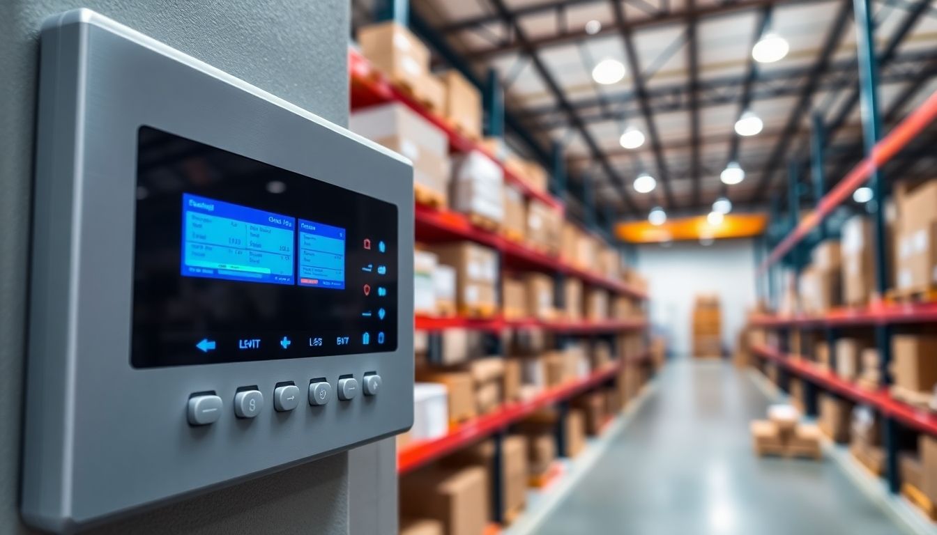 Modern alarm system control panel in a warehouse setting.