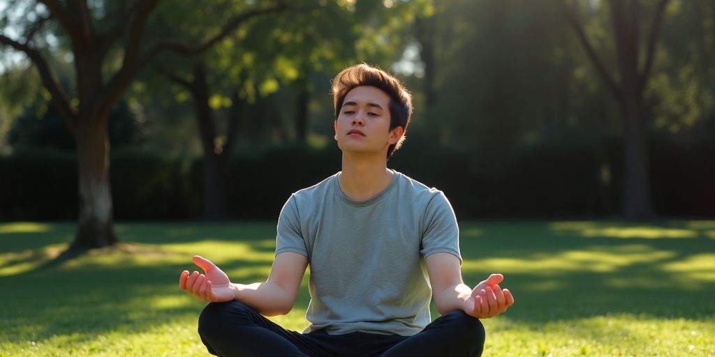 Person meditating peacefully outdoors.