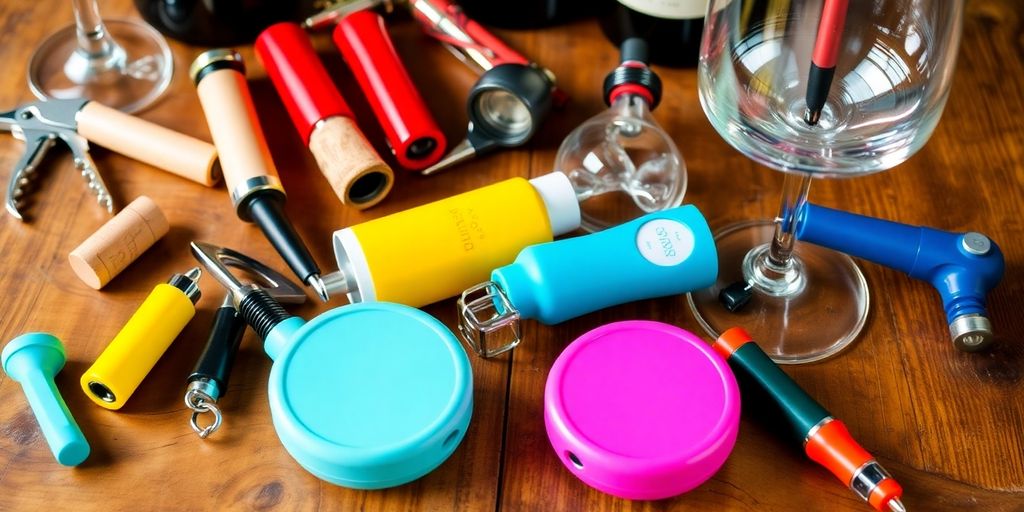 Colorful wine gadgets on a rustic wooden table.