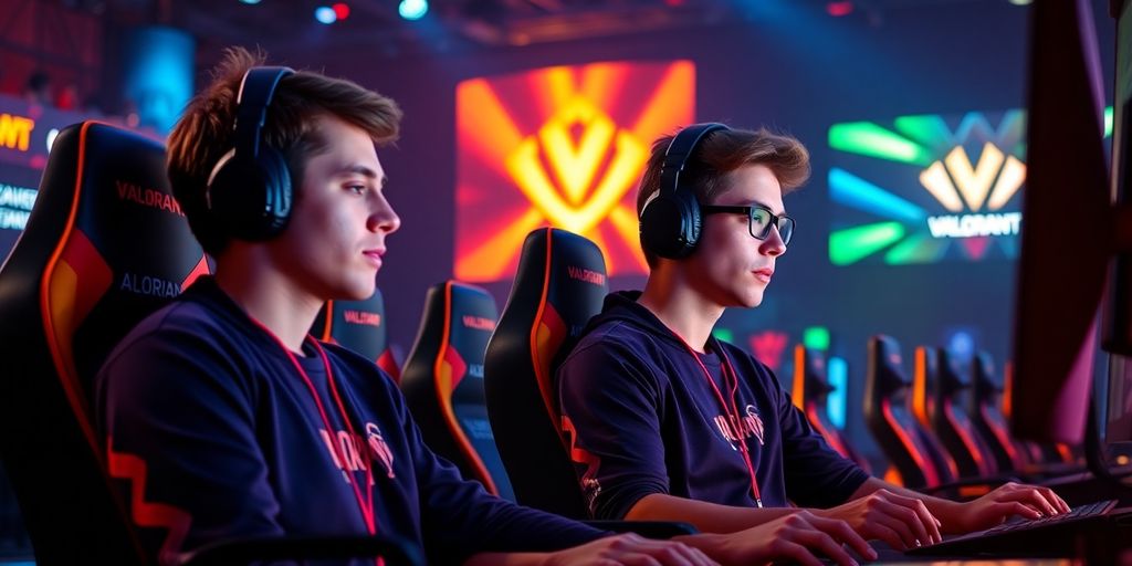 Two gamers intensely playing Valorant on computers.