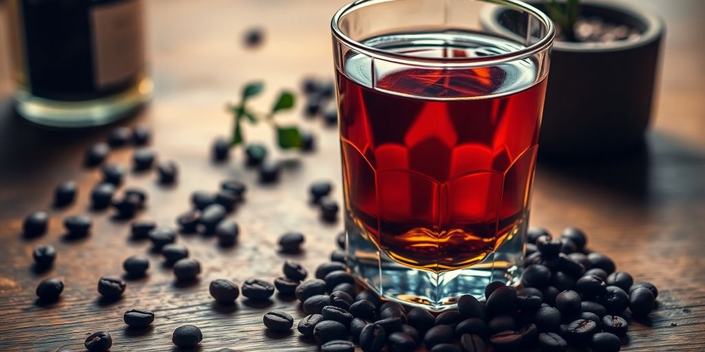 Glass of whiskey with coffee beans and a plant.