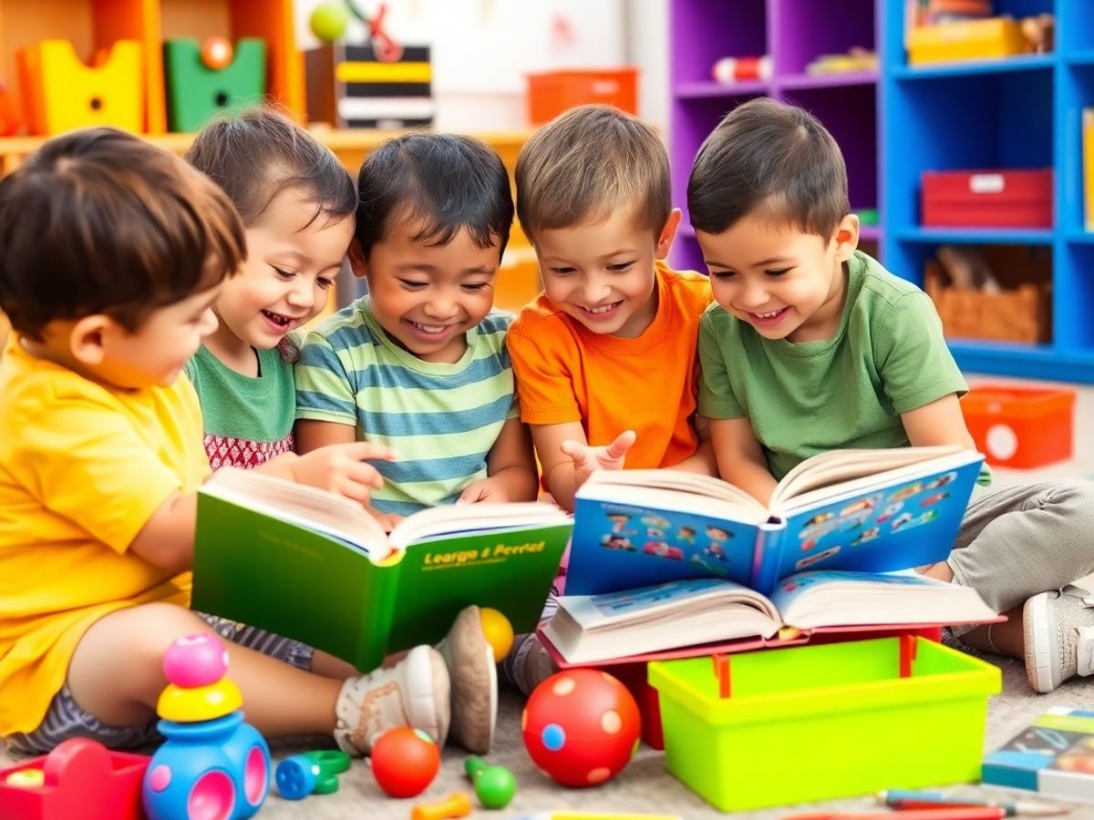 Copii citind cărți și jucându-se împreună.