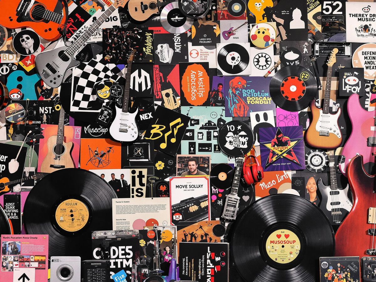 Colorful collage of music and Reddit elements.