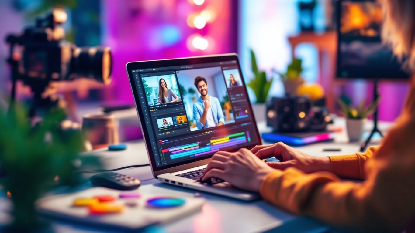 Person creating videos with a laptop and camera.