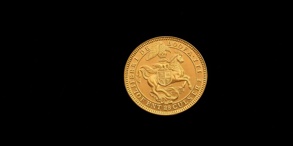 Une pièce en or de Napoléon sur fond sombre.