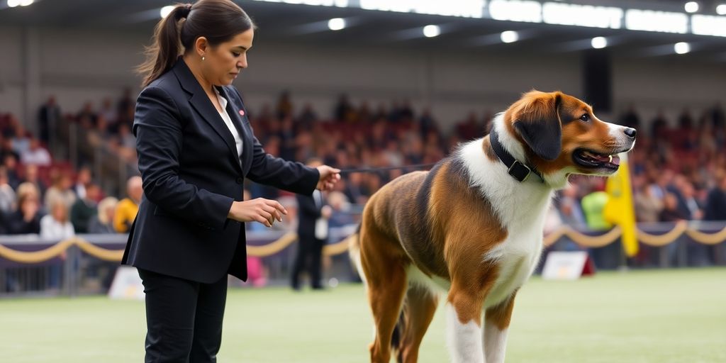 Handler and dog in a competition ring.