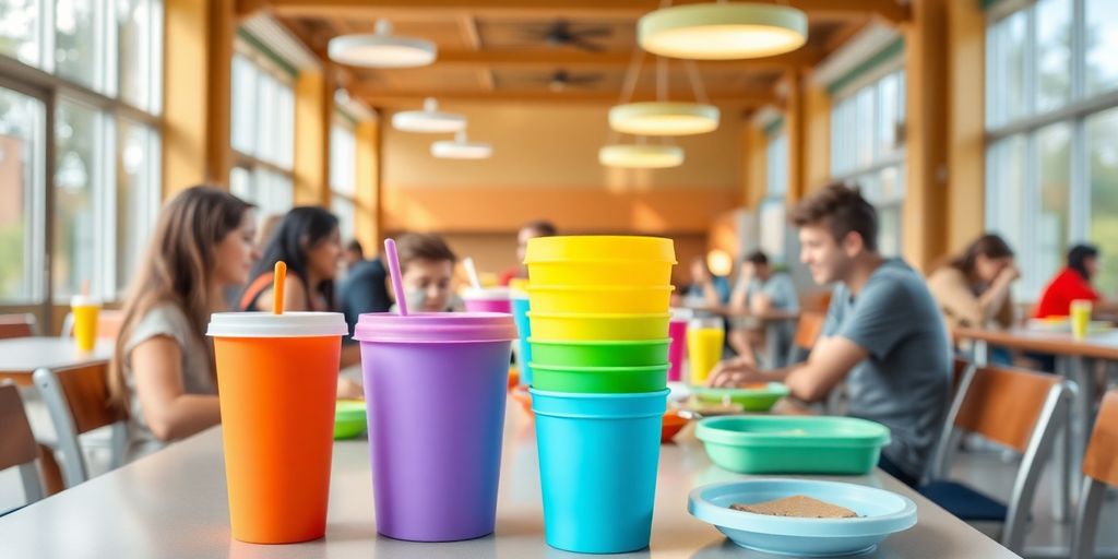 University canteen with students eating, reusable containers visible.
