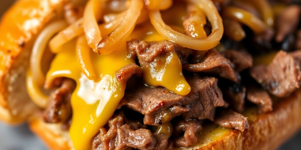 Close-up of a delicious Philly cheesesteak sandwich.