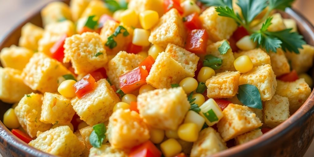 Golden cornbread salad with colorful vegetables in a bowl.