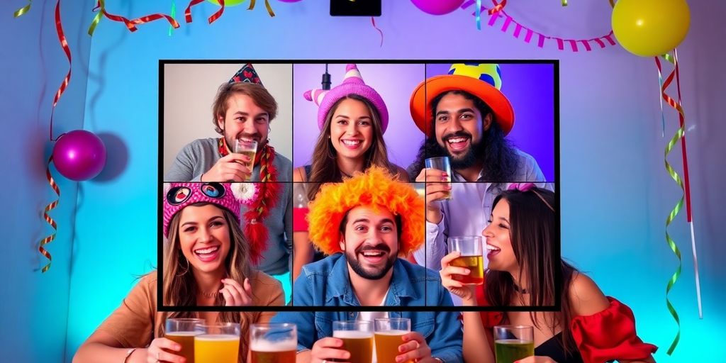 Team members in costumes enjoying a virtual happy hour.