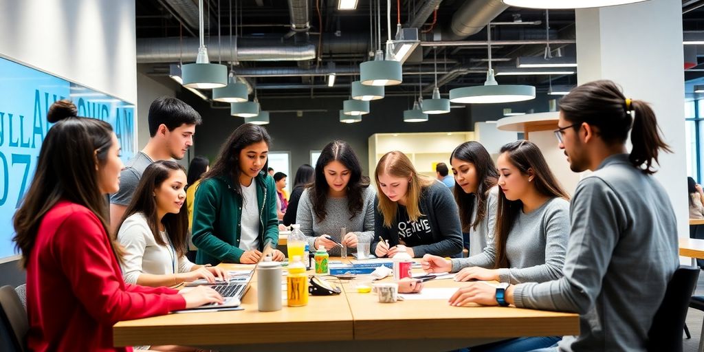 Students collaborating in a modern workspace at Harvard Innovation Labs.