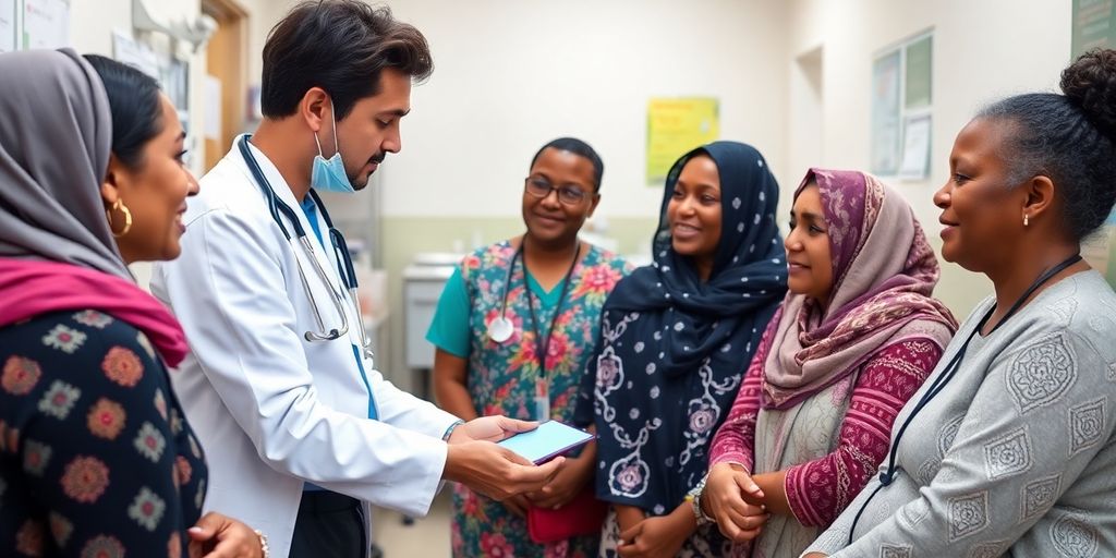 Healthcare professional assisting diverse patients in a clinic.