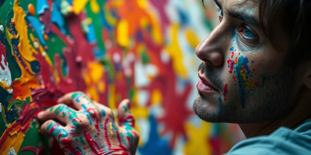 Artist's hands covered in paint creating a colorful artwork.