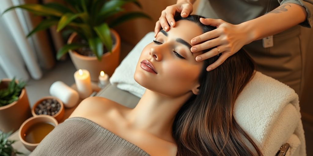 Femme allongée cheveux lisses, mains massant délicatement cuir chevelu spa