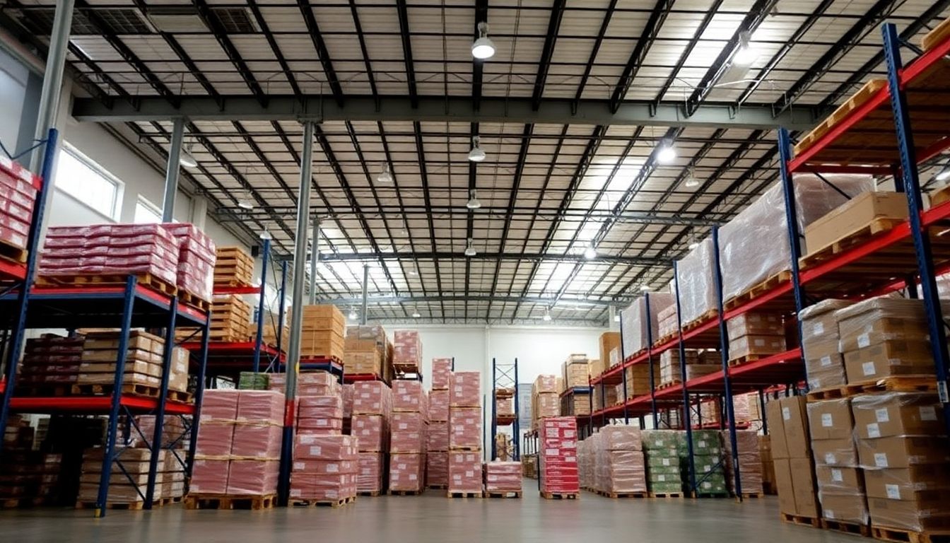 Inside view of a modern warehouse with organized storage.
