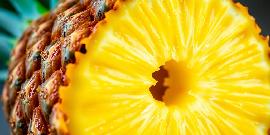 A juicy pineapple slice with water droplets.