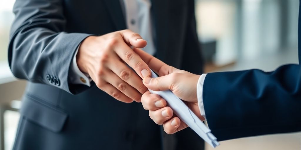 Deux personnes se serrent la main avec un document.