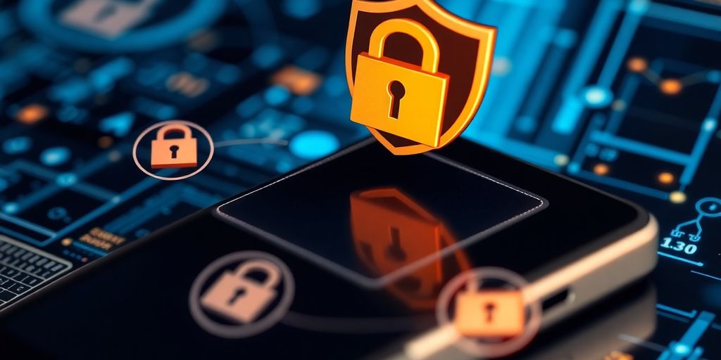 Smartphone with digital wallet and security icons around it.