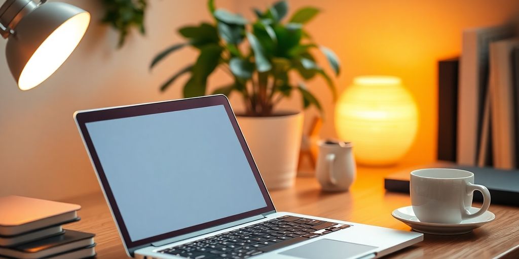 Home office setup with laptop and coffee cup.