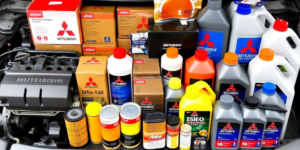 Genuine Mitsubishi parts laid out, engine components and fluids.