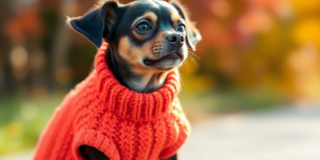 Cozy dog, colorful knit sweater, autumn background.