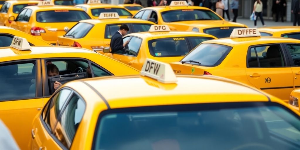 Yellow cabs waiting outside DFW airport for tourists.
