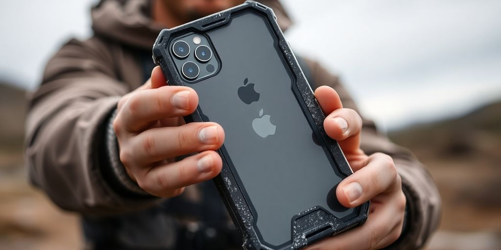 Iphone 12 in rugged, dust-proof case.