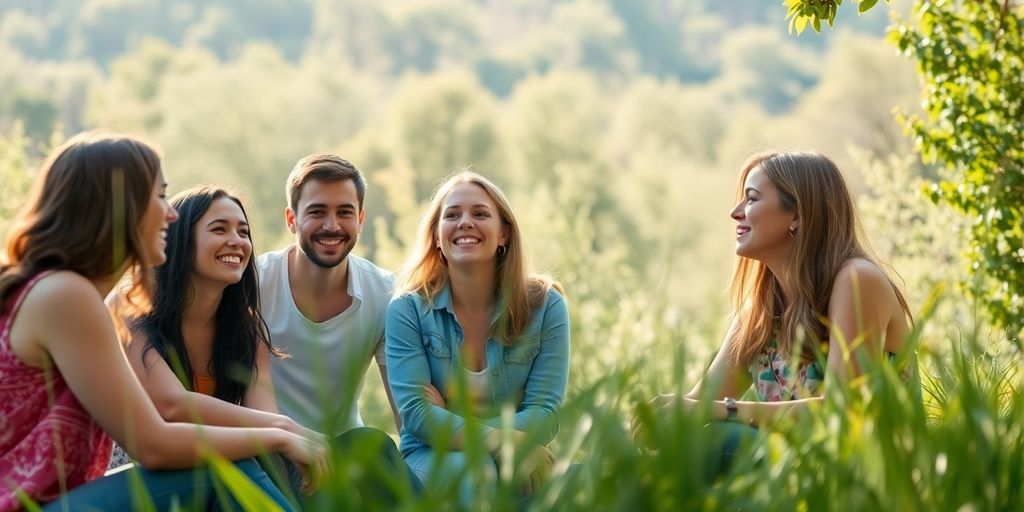 Friends relaxing together in a peaceful outdoor setting.