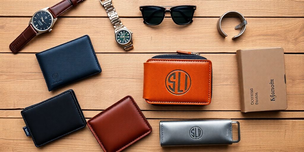 Personalized gifts for men on a wooden surface.