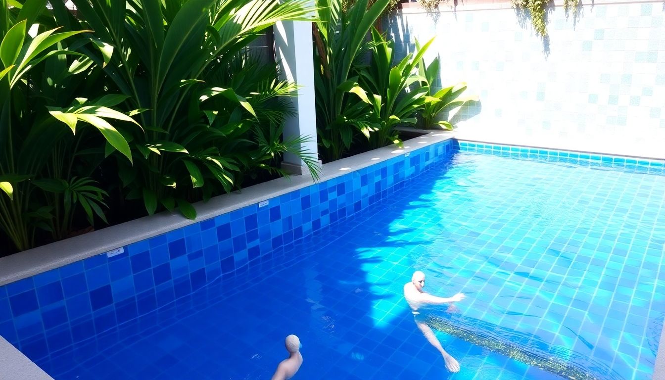 Vibrant blue tiled swimming pool surrounded by greenery.