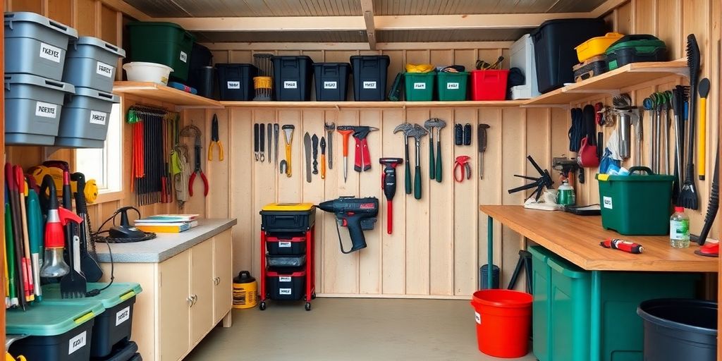 Organized shed with tools and storage solutions.