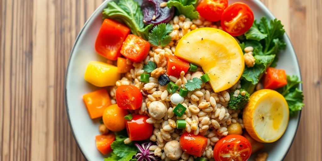 Colorful vegetarian meal with fresh vegetables and grains.