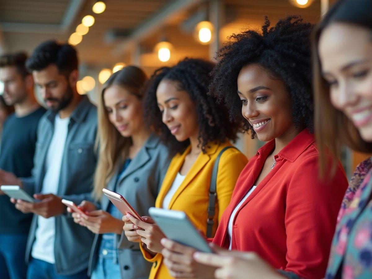 Diverse individuals engaging with digital devices in a modern setting.