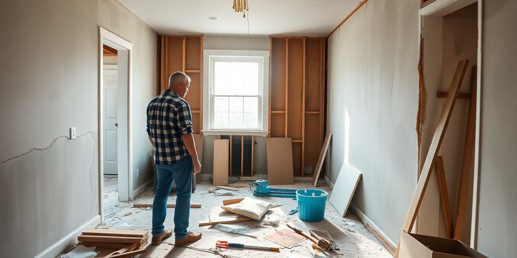 Homeowner examining a room under reconstruction after water damage.