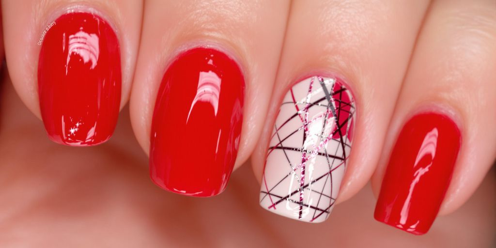 Unhas vermelhas modernas e elegantes com arte de unhas.