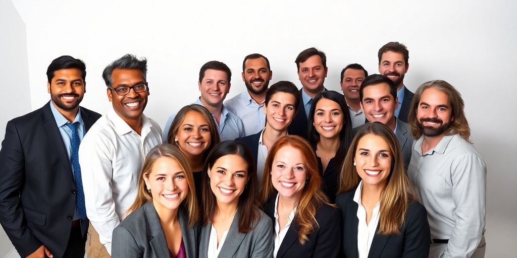 Team smiling professionally in studio for headshots.