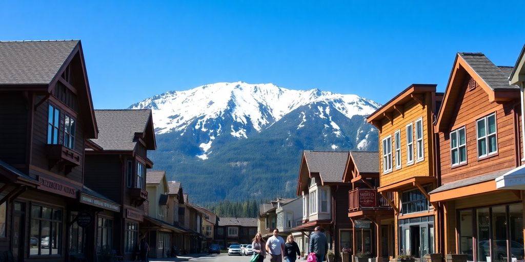 A family walks down a sunny street in Girdwood, Alaska.