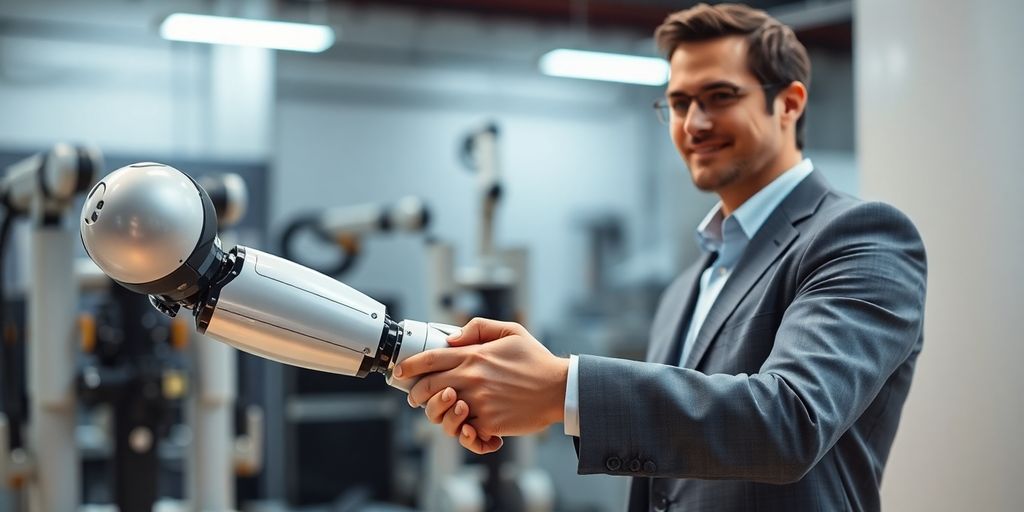 Robotic arm shaking hands with human in modern factory.