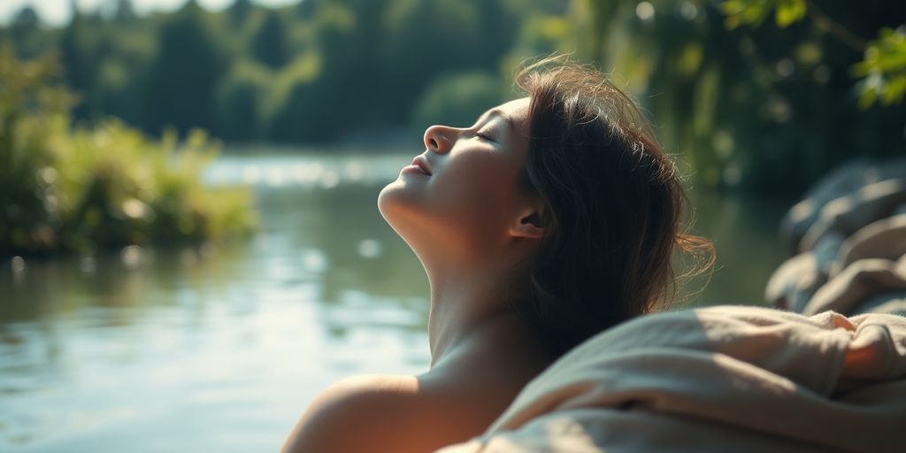 Person meditating peacefully in a serene natural setting.
