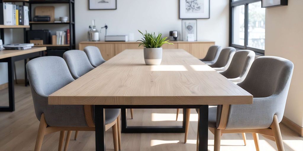 Modern office meeting room with a large wooden table and chairs.