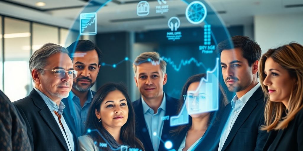 People analyzing consumer data on a screen.