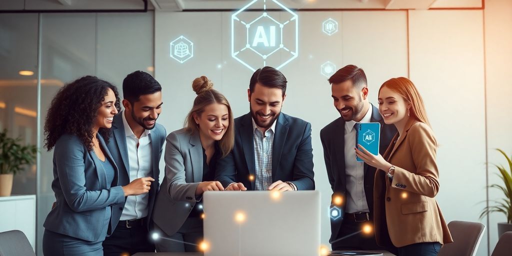 Group of business people using AI technology together.