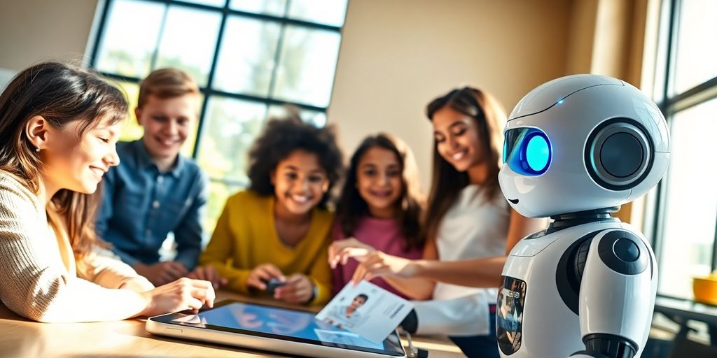 Robot as superhero helping students learn.
