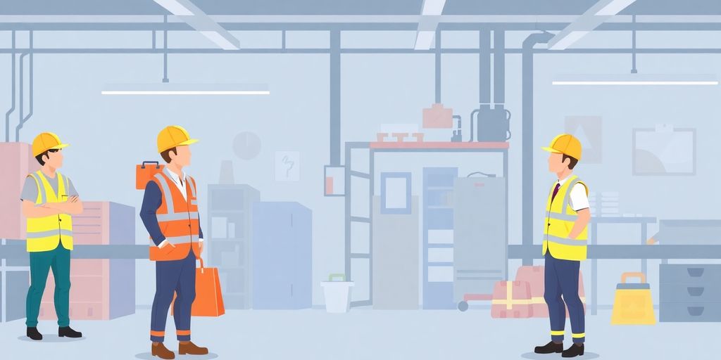 Illustrasjon av ansatte i sikkerhetsutstyr på arbeidsplassen.