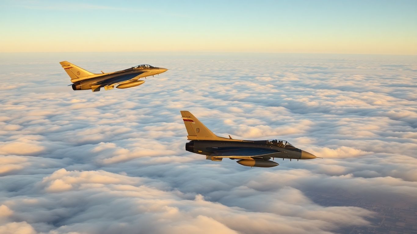 Deux Rafale en formation au-dessus des nuages, AWACS au loin.