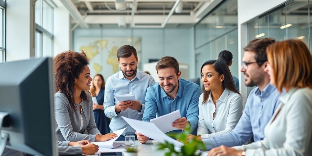 Professionals collaborate in a modern financial office setting.